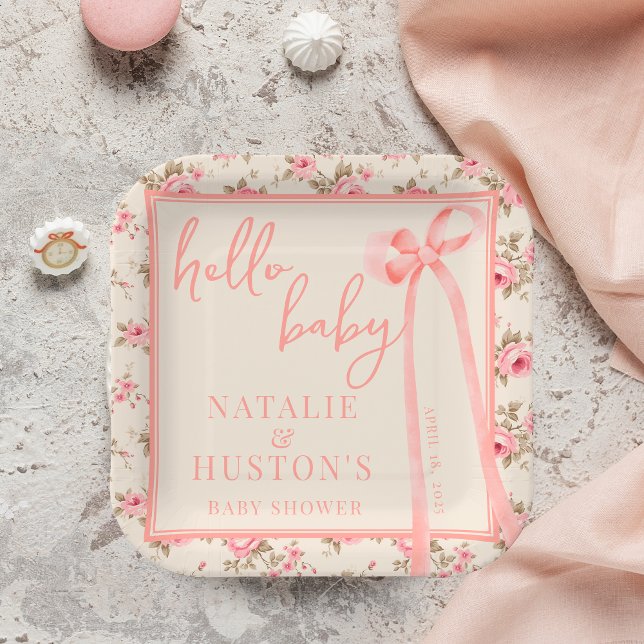 Coquette Blush Pink Bow Floral Baby Shower Custom Paper Plates (Creator Uploaded)
