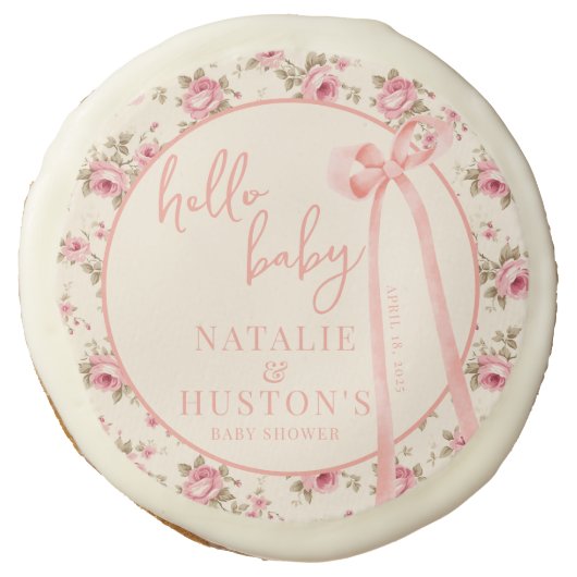 Coquette Blush Pink Bow Floral Baby Shower Custom Sugar Cookie (Front)