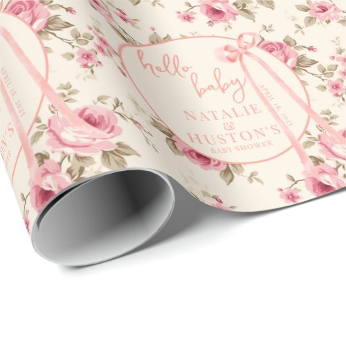 Coquette Blush Pink Bow Floral Baby Shower Custom Wrapping Paper