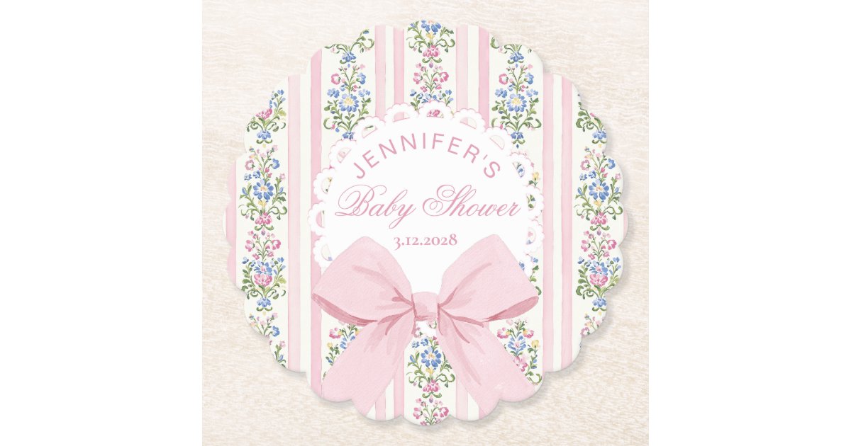 Coquette Blush Pink Bow Rose Baby Shower Paper Coaster | Zazzle