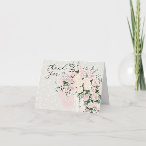Coquette Blush Pink bow Rose Wisteria Bouquet Letterpress Thank You Card
