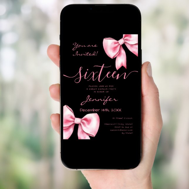 Coquette Blush Pink Bow Sweet 16 Party Black Invitation (Front Digital)