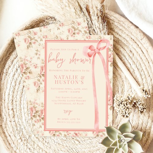 Coquette Blush Pink Bow Whimsical Cute Baby Shower Invitation