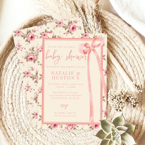 Coquette Blush Pink Bow Whimsical Cute Baby Shower Invitation