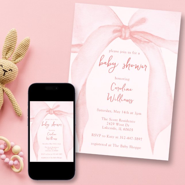 Coquette Blush Pink Bow Whimsical Cute Baby Shower Invitation (Creator Uploaded)