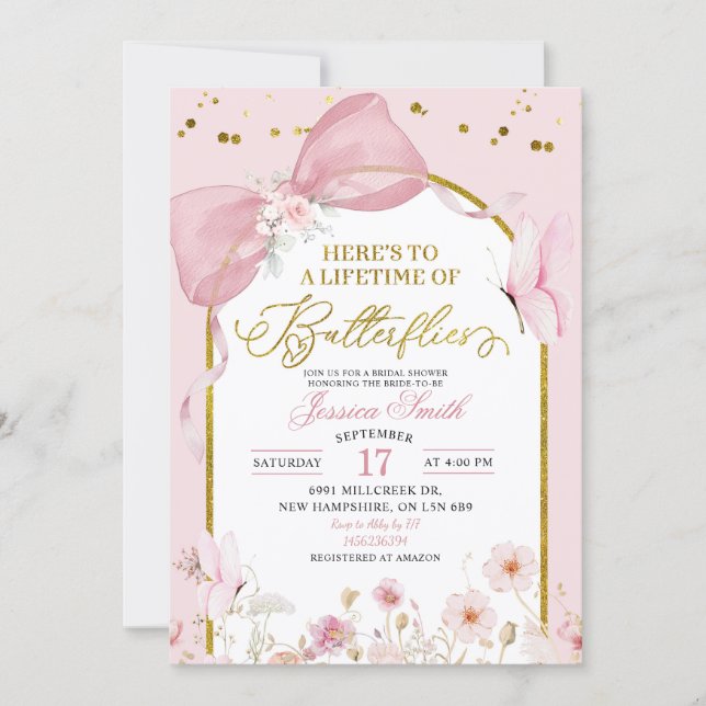 Coquette Blush Pink Butterfly Bridal Shower Invitation (Front)