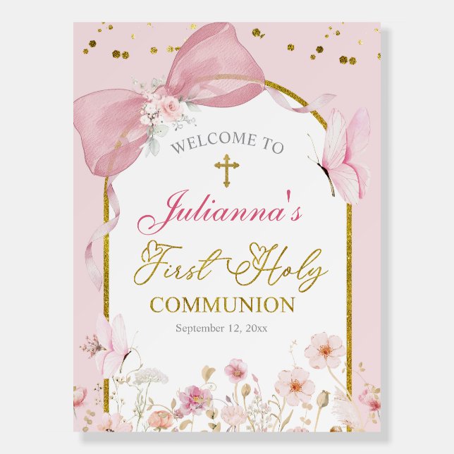 Coquette Blush Pink Butterfly First Holy Communion Foam Board (Front)