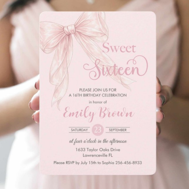 Coquette Blush Pink Ribbon Bow Sweet 16 Birthday Invitation (Creator Uploaded)