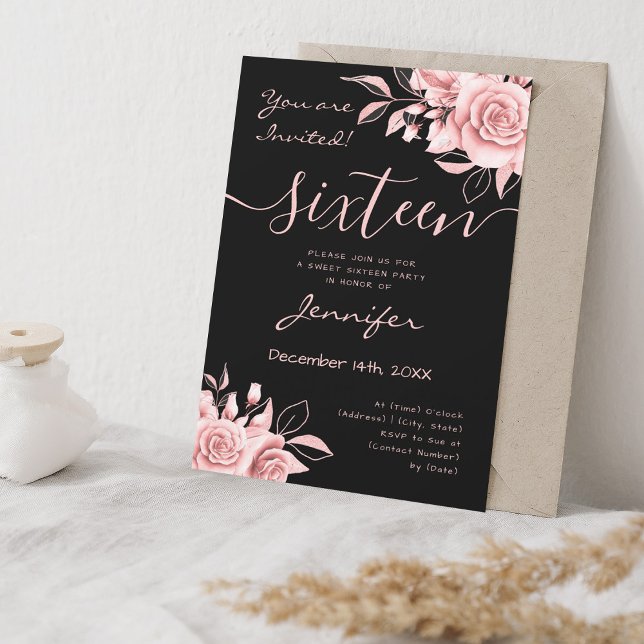 Coquette Blush Pink Sweet 16 Floral Black  Invitation (Coquette Blush Pink Sweet 16 Floral Black Invitation)