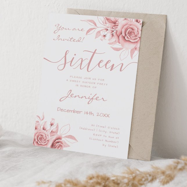 Coquette Blush Pink Sweet 16 Floral Glam  Invitation (Coquette Blush Pink Sweet 16 Floral Glam Invitation)