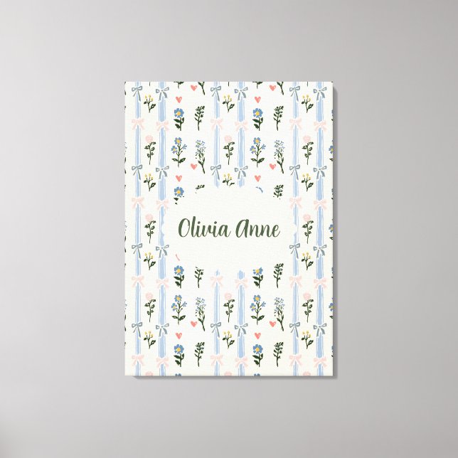 Coquette Botanical Pink Bow Custom Name Nursery Canvas Print (Front)