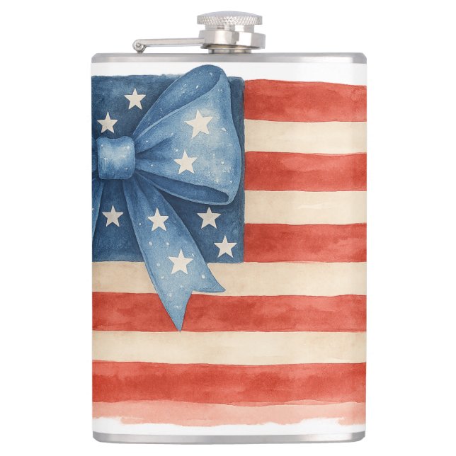 Coquette Bow American Flag Watercolor 4th of July Flask (Front)
