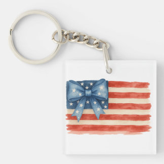 Coquette Bow American Flag Watercolor 4th of July Keychain