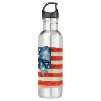 Coquette Bow American Flag Watercolor 4th of July Stainless Steel Water Bottle