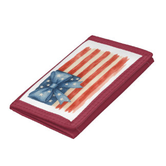 Coquette Bow American Flag Watercolor 4th of July Tri-fold Wallet