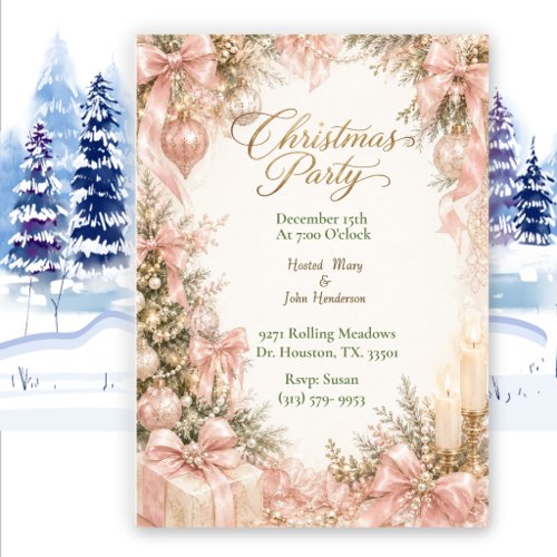 Coquette Bow And Candle Elegant Christmas Party Invitation