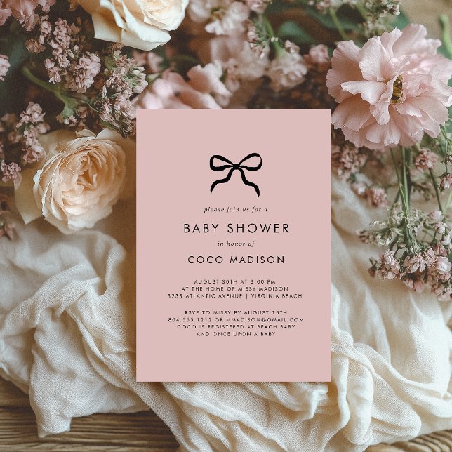 Coquette Bow Baby Shower Invitation Girl Invite (Elegant Minimal Bow Baby Shower Invitation - Blush Pink)