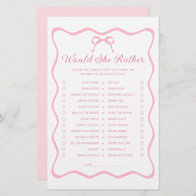 Coquette Bow Baby Shower Would She Rather Game (Front/Back)