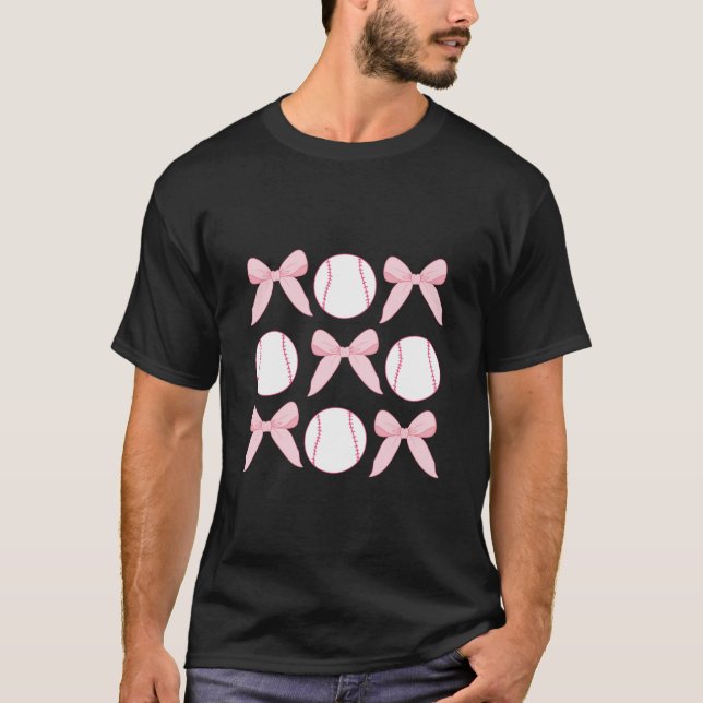 Coquette Bow Baseball Girls Women Mama Mom Pink Gi T-Shirt (Front)
