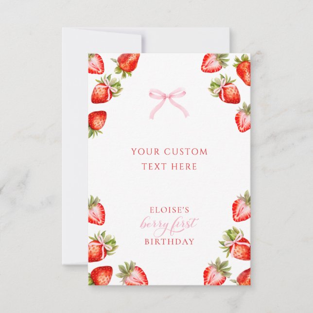 Coquette Bow Berry First Strawberry Birthday Note Card (Front)