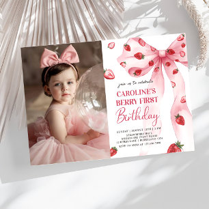 Coquette Bow Berry First Strawberry Birthday Photo Invitation