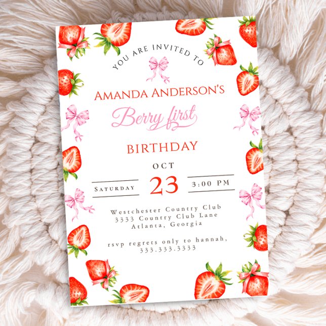 Coquette Bow Berry First Strawberry First Birthday Invitation (Creator Uploaded)