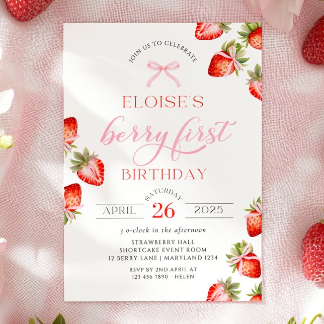 Coquette Bow Berry First Strawberry First Birthday Invitation (Creator Uploaded)