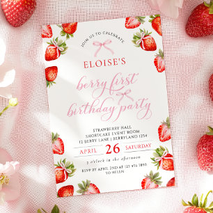 Coquette Bow Berry First Strawberry First Birthday Invitation