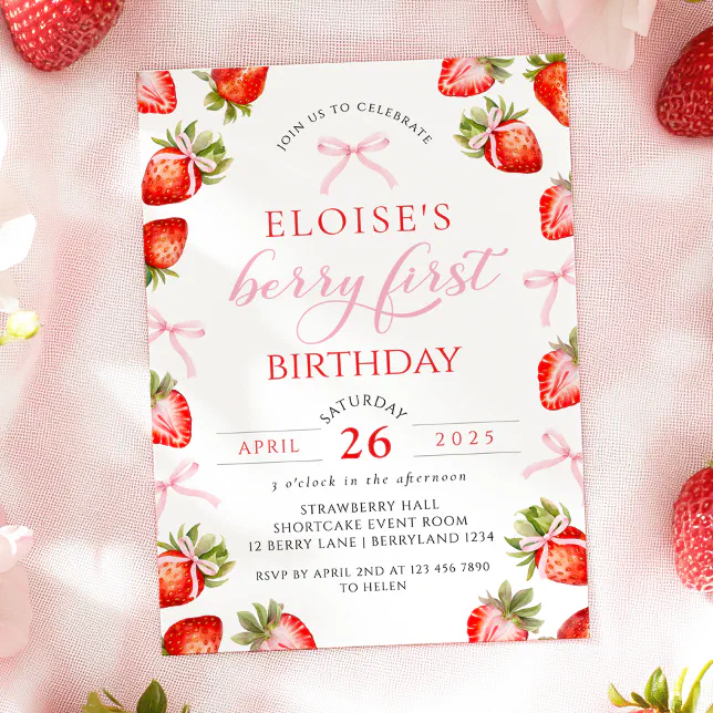 Coquette Bow Berry First Strawberry First Birthday Invitation | Zazzle