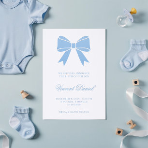 Coquette Bow Blue Baby Boy Birth Announcement