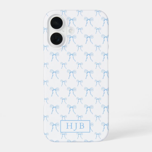Coquette Bow Blue Monogram Initial iPhone 16 Case (Back)