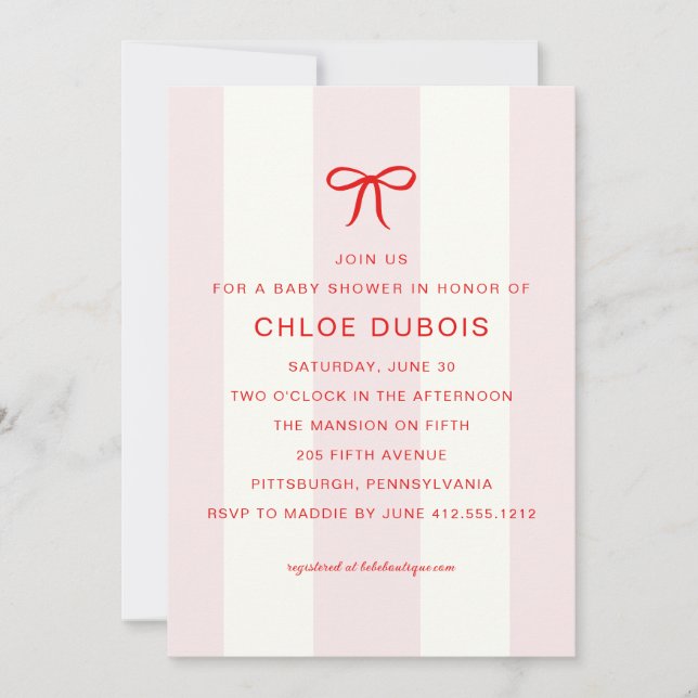  Coquette Bow Blush Pink Striped Baby Shower  Invitation (Front)