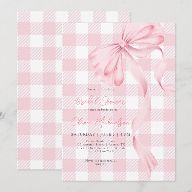 Coquette Bow Blush Plaid Pink Ribbon Bridal Shower Invitation (Front/Back)
