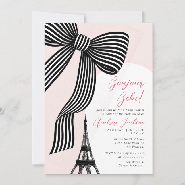 Coquette Bow Bonjour Bébé Parisian Baby Shower Invitation (Front)