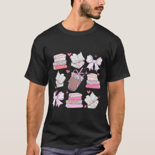 Coquette Bow Book Coffee Valentines Bookish Librar T-Shirt