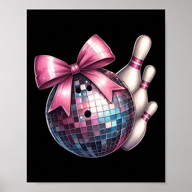 Coquette Bow Bowling Ll Pins Checkered Disco Bowle Poster (Front)