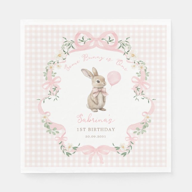 Coquette Bow Bunny Pink Gingham 1st Birthday Napkins (Front)