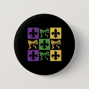 Coquette Bow Checkered Fleur De Lis Mardi Gras Car Button
