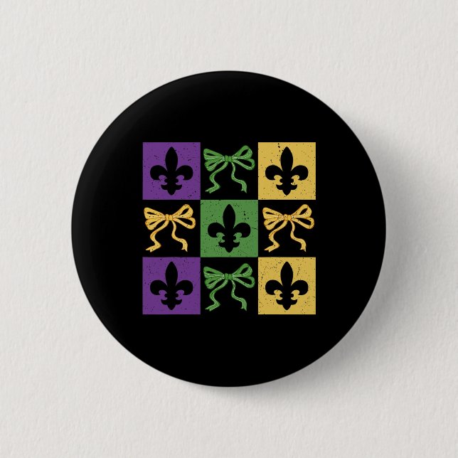 Coquette Bow Checkered Fleur De Lis Mardi Gras Car Button (Front)