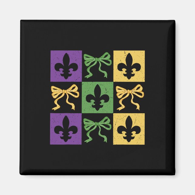 Coquette Bow Checkered Fleur De Lis Mardi Gras Car Magnet (Front)