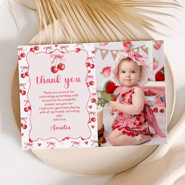 Coquette Bow Cherry Birthday Photo Thank You Card (Creator Uploaded)