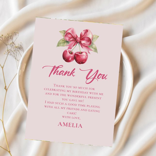 Coquette Bow Cherry Birthday Thank You Card (Creator Uploaded)