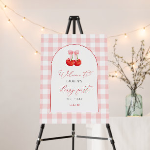 Coquette Bow Cherry First 1st Birthday Party Sign