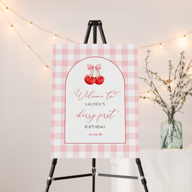Coquette Bow Cherry First 1st Birthday Party Sign (In Situ (Stand))