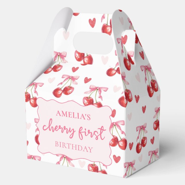 Coquette Bow Cherry First Birthday Favor Boxes (Front)