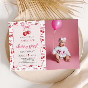 Coquette Bow Cherry First Birthday Photo Invitation