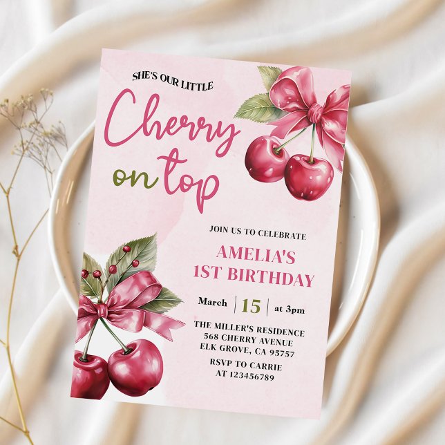 Coquette Bow Cherry on Top 1st Birthday Invitation (Creator Uploaded)