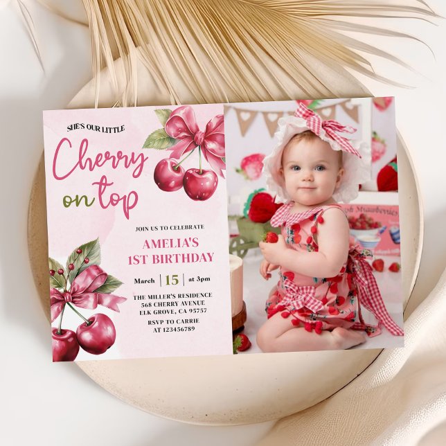 Coquette Bow Cherry on Top 1st Birthday Photo Invitation (Creator Uploaded)