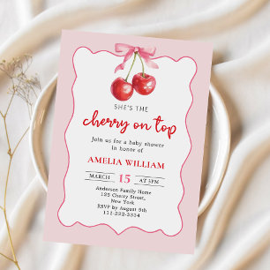 Coquette Bow Cherry on Top Baby Shower Invitation