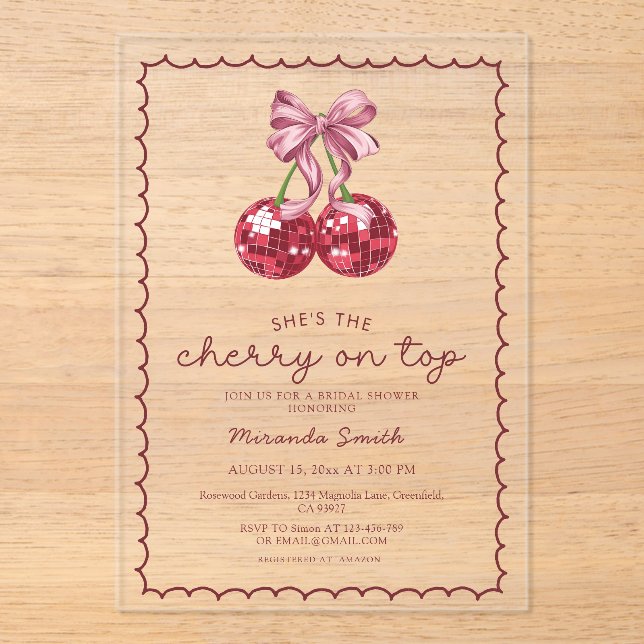 Coquette Bow Cherry On Top Bridal Shower Acrylic Invitations (Front)